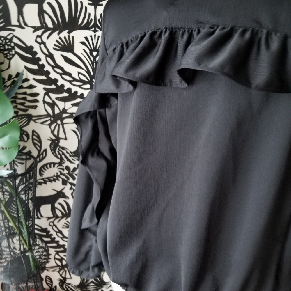 Black Bomber Jacket Ruffle Silver Zipper M - Picture 4 of 6
